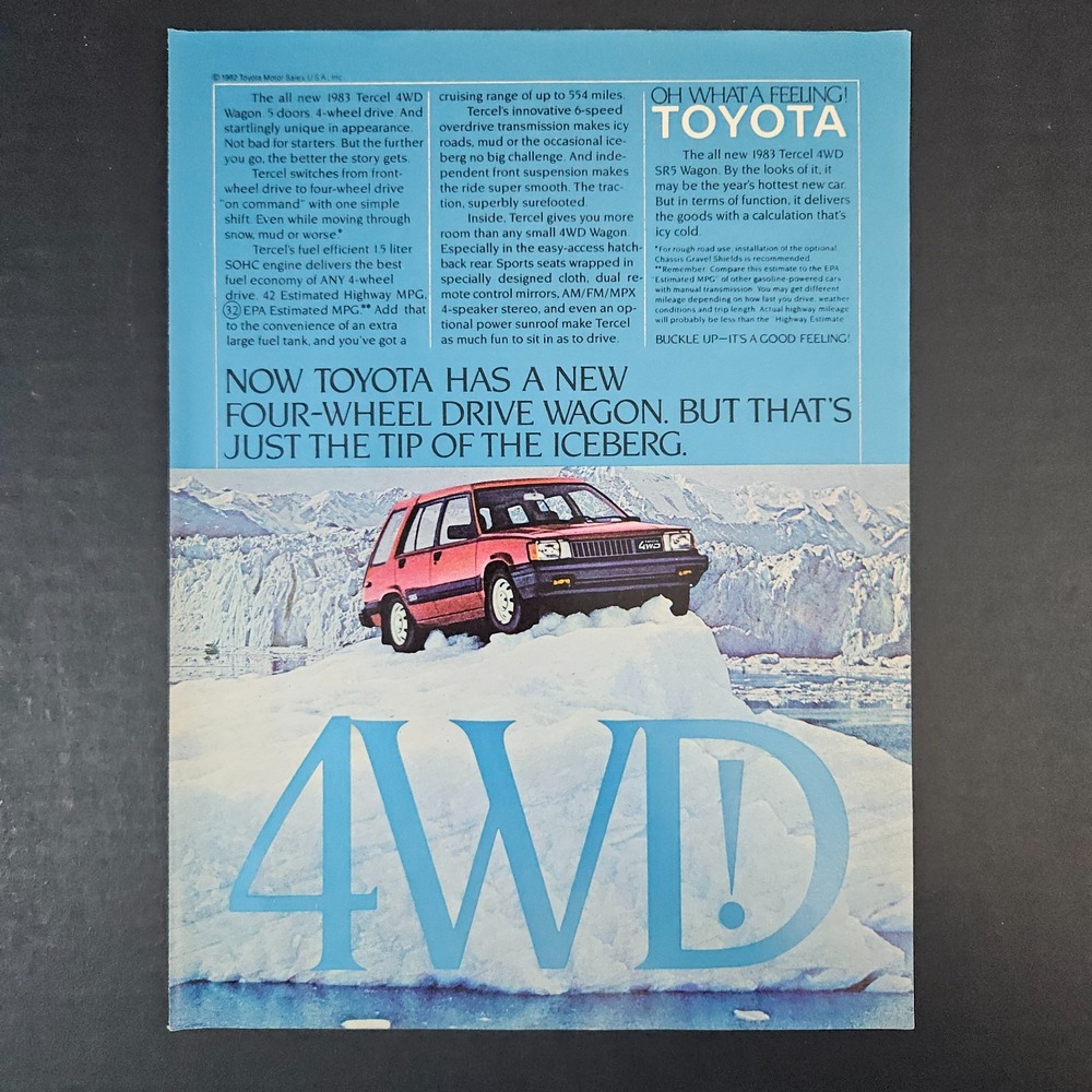 1982 '83 Toyota Tercel 4WD Wagon Vintage Print Ad Iceberg‎ Snow Capped Mountains